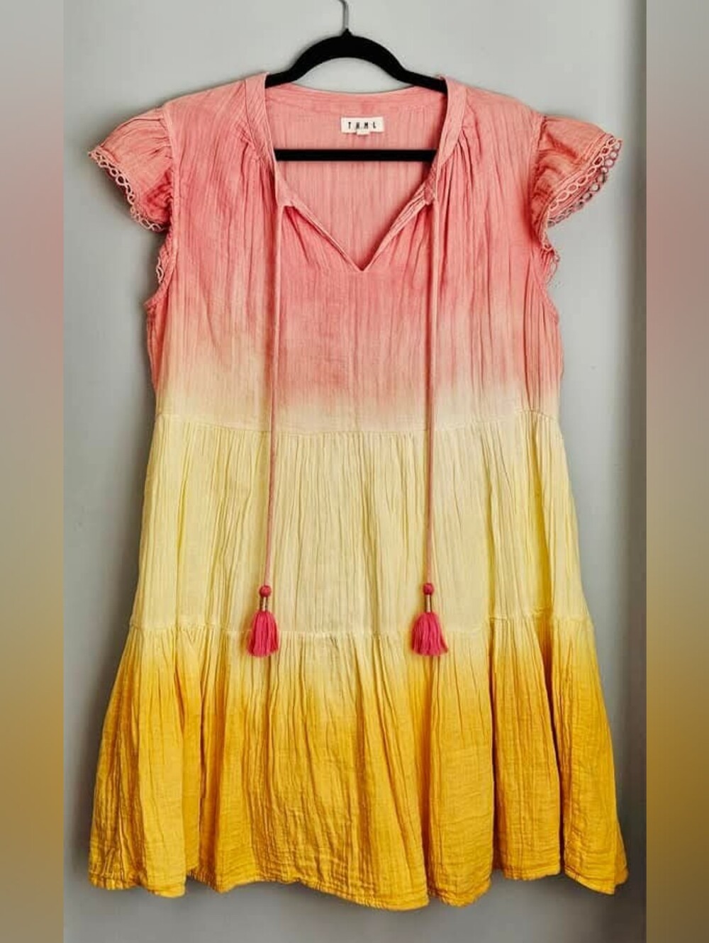 Ombre Pink And Yellow Indian Cotton Dress, Womens Medium